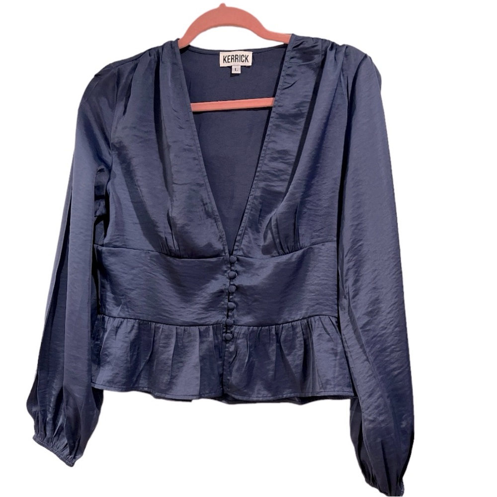Kerrick Long Sleeve‎ Satin Blouse Navy Blue Size Large NWOT